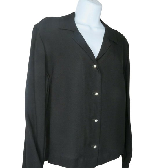 Vintage 70s Koret of California Black Button Up Blouse M Crystal Buttons Retro - Picture 3 of 12
